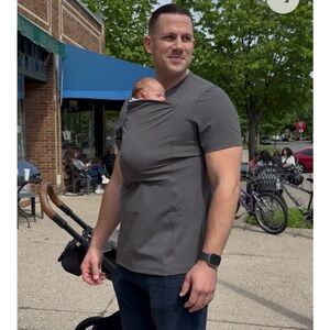 Gray Men's t shirt with pocket to hold baby- kangaroo shirt